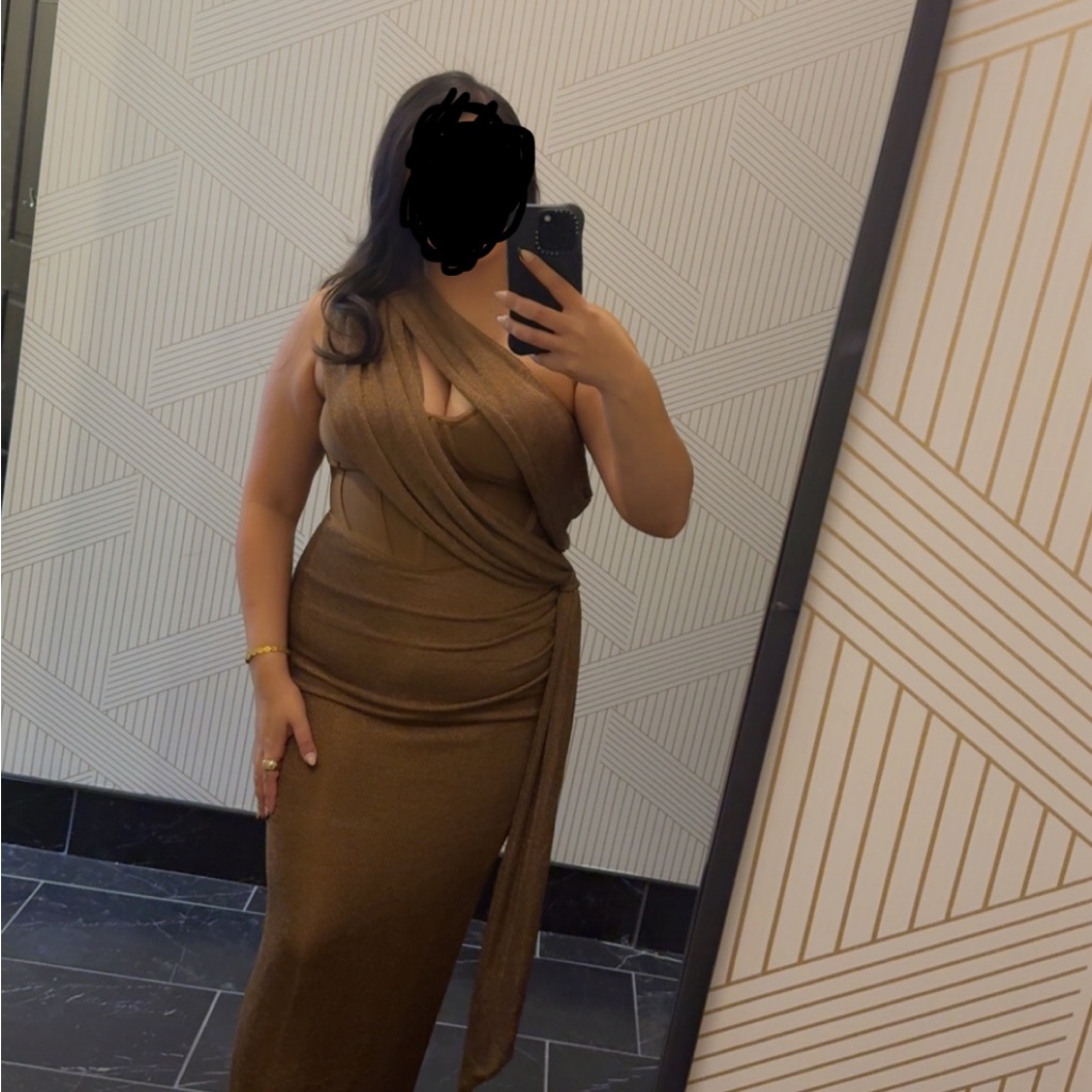 Jluxlabel One-Shoulder Brown/Gold Evening Gown